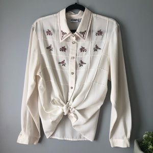 Vtg Koret Cream Blouse with Embroidery size 14